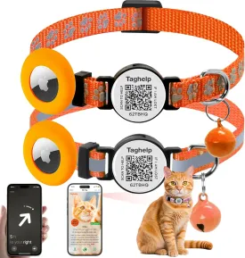 2 Pack Cat Collar Airtag Holder with Bells, Kitten with Apple Airtag Holder for Cats with Smart ID tag QR Code,Adjustable Reflective Cat Collar with Breakaway Buckle for Girl Boy Cats(Orange)