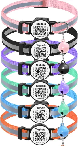 6 Pack- Breakaway Cat Collar with Bell,Cute Kitten,Ideal for Girl Boy Cats- Reflective Solid & Safe Collars for Cats,QR Code Cat Smart ID Tags (6 Collars)