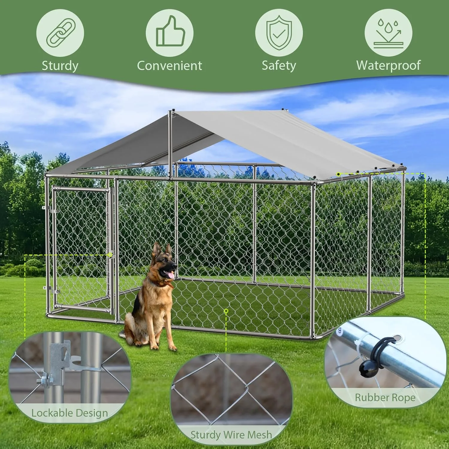 7.57.5FT Large Outdoor Dog Kennel with Roof Cover, Heavy Duty Chain Link Dog House Cage Playpen with Lockable Door for Backyard