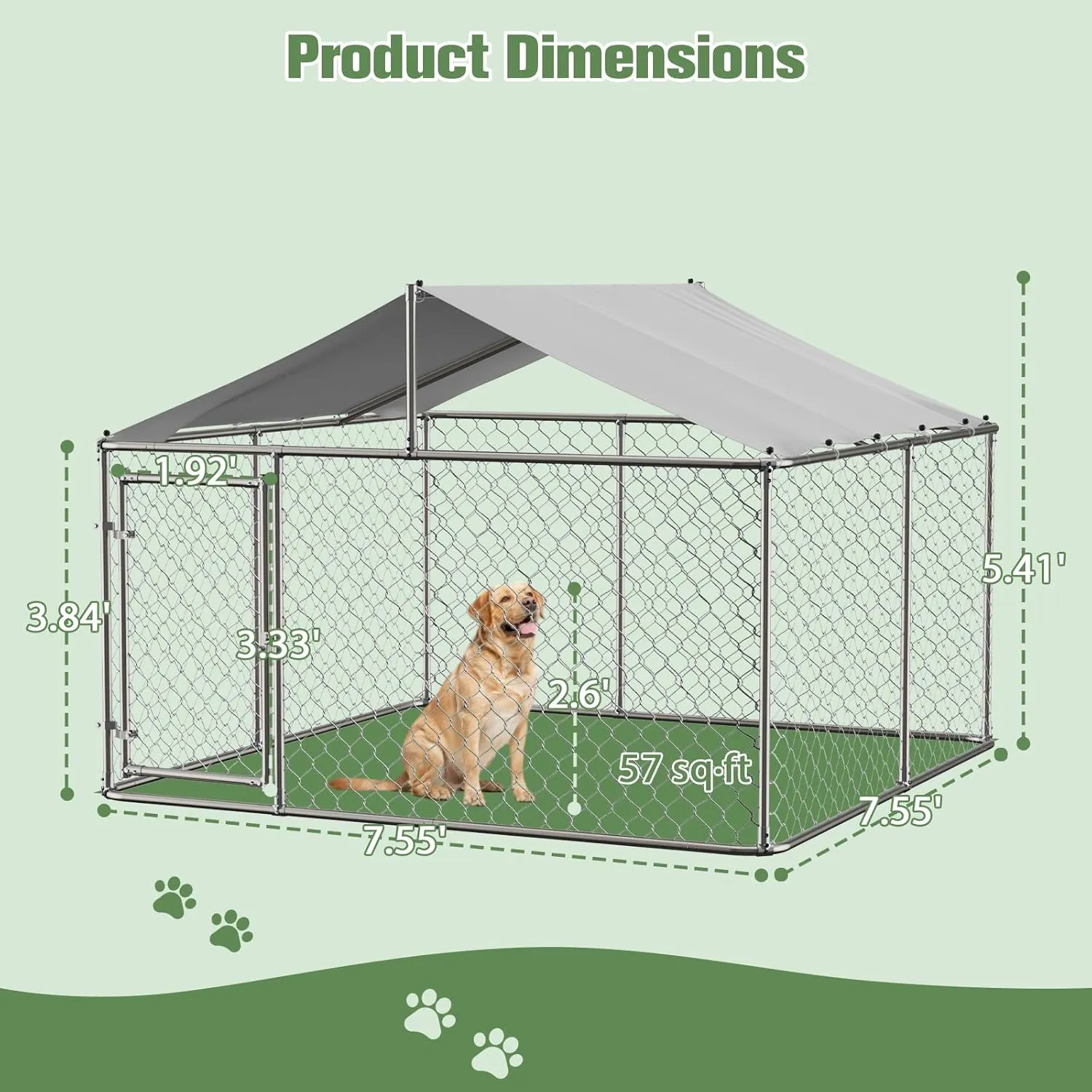 7.57.5FT Large Outdoor Dog Kennel with Roof Cover, Heavy Duty Chain Link Dog House Cage Playpen with Lockable Door for Backyard