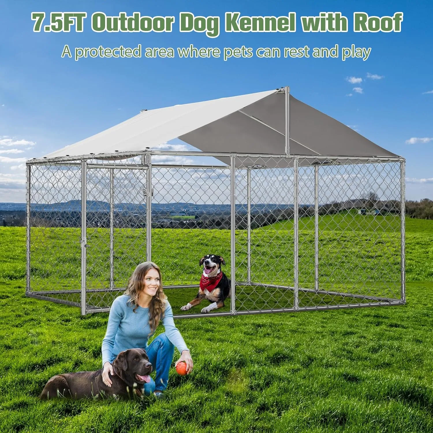 7.57.5FT Large Outdoor Dog Kennel with Roof Cover, Heavy Duty Chain Link Dog House Cage Playpen with Lockable Door for Backyard