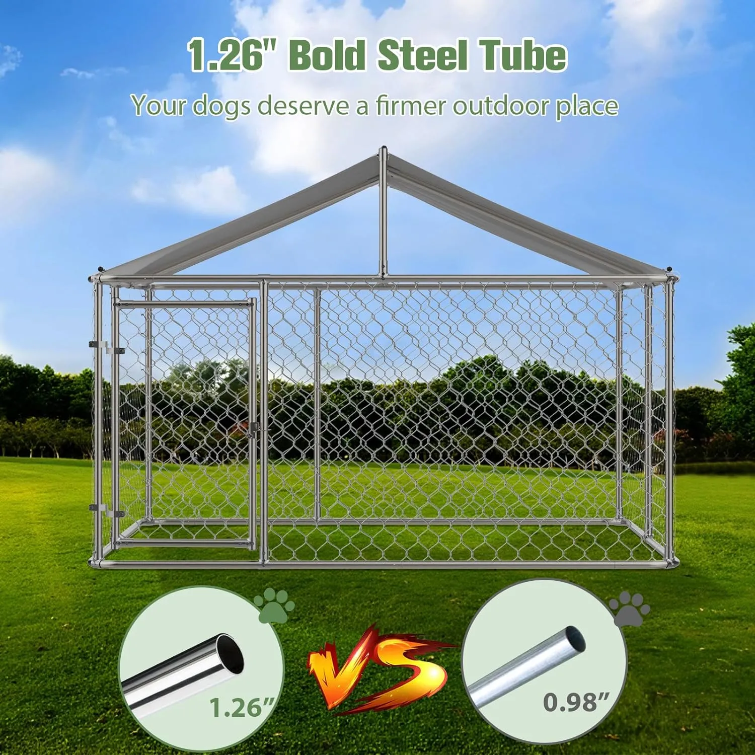 7.57.5FT Large Outdoor Dog Kennel with Roof Cover, Heavy Duty Chain Link Dog House Cage Playpen with Lockable Door for Backyard