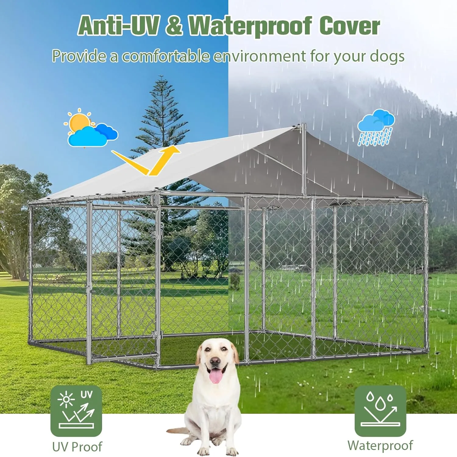 7.57.5FT Large Outdoor Dog Kennel with Roof Cover, Heavy Duty Chain Link Dog House Cage Playpen with Lockable Door for Backyard