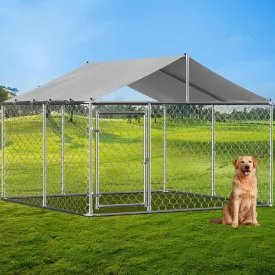 7.57.5FT Large Outdoor Dog Kennel with Roof Cover, Heavy Duty Chain Link Dog House Cage Playpen with Lockable Door for Backyard