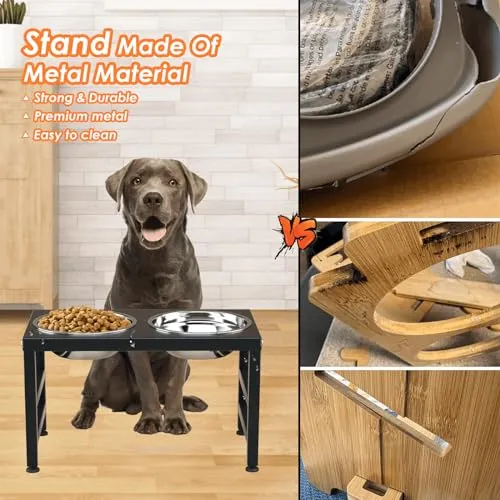 ADENGL Metal Raised Dog Bowl Stand for Large and Medium Dogs, Stronger Elevated Dog Bowls with Sprill Proof Mat, Dog Food & Water Bowls 10" Tall Dog Feeder (42OZ-Stainless Steel Dog Bowls, Mat-16x24)