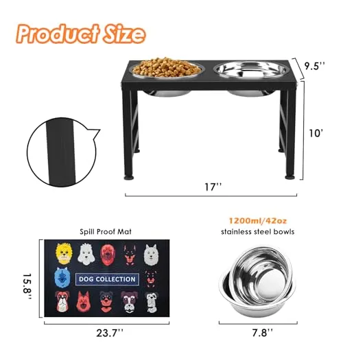 ADENGL Metal Raised Dog Bowl Stand for Large and Medium Dogs, Stronger Elevated Dog Bowls with Sprill Proof Mat, Dog Food & Water Bowls 10" Tall Dog Feeder (42OZ-Stainless Steel Dog Bowls, Mat-16x24)