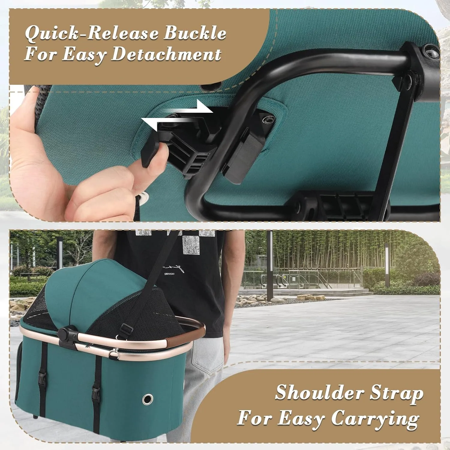 Athena collection Dog Stroller for Small Dogs,One-Hand-Fold Pet Stroller with Detachable Carrier,Lightweight Cat Stroller up to 22lbs(Hunter Green)