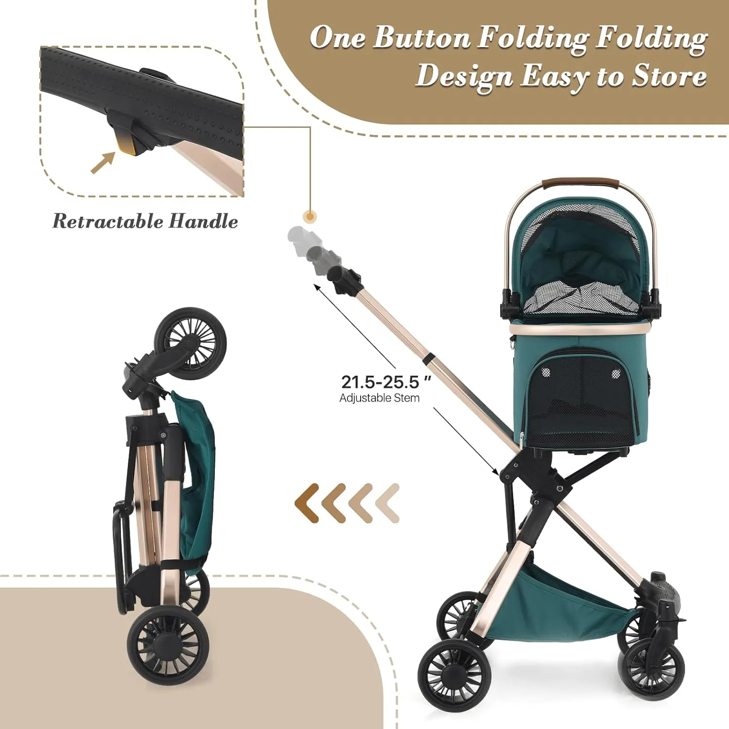 Athena collection Dog Stroller for Small Dogs,One-Hand-Fold Pet Stroller with Detachable Carrier,Lightweight Cat Stroller up to 22lbs(Hunter Green)