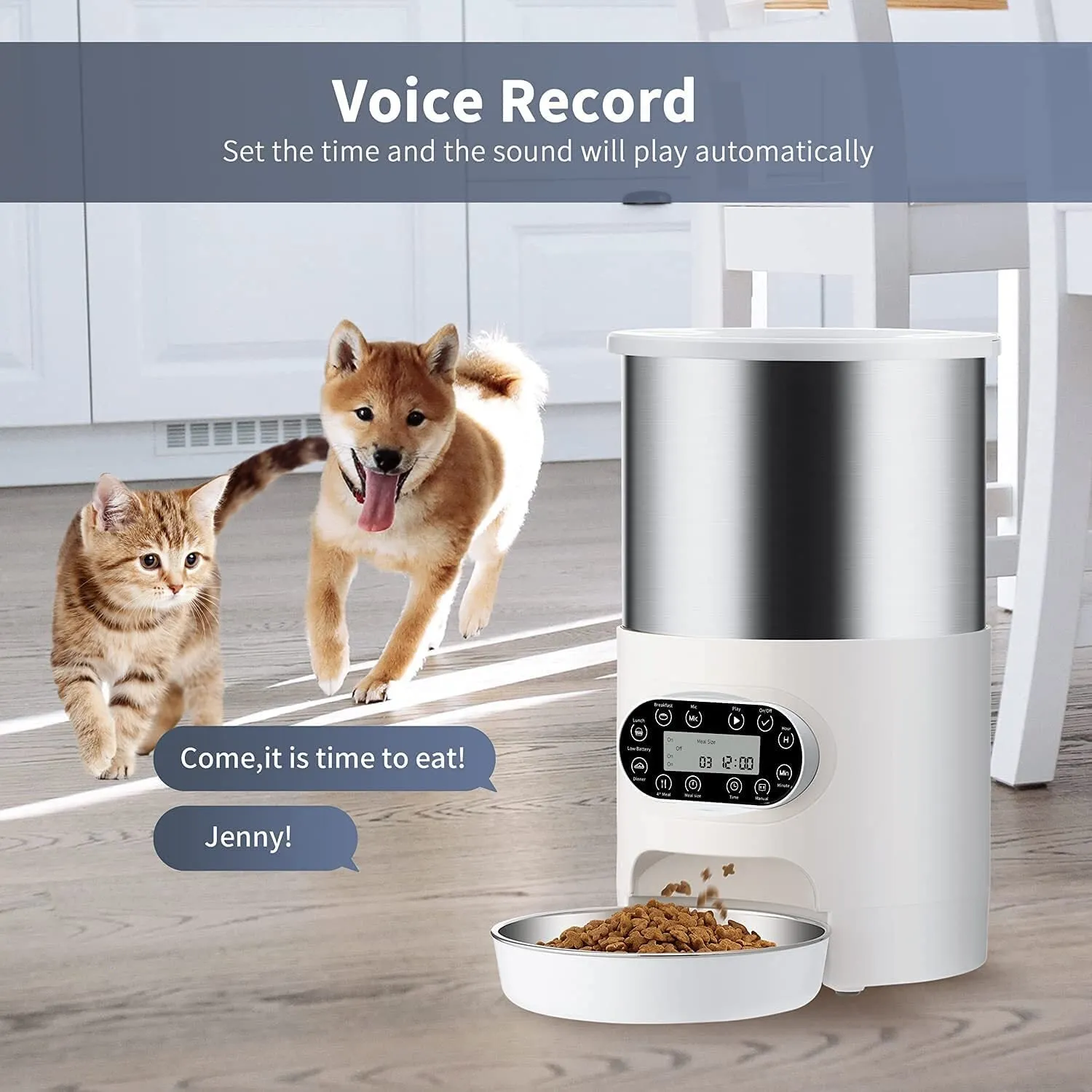 Auto Pet Feeder 3L, 4 Meals, Stainless Steel, Voice Record - YES4PETS