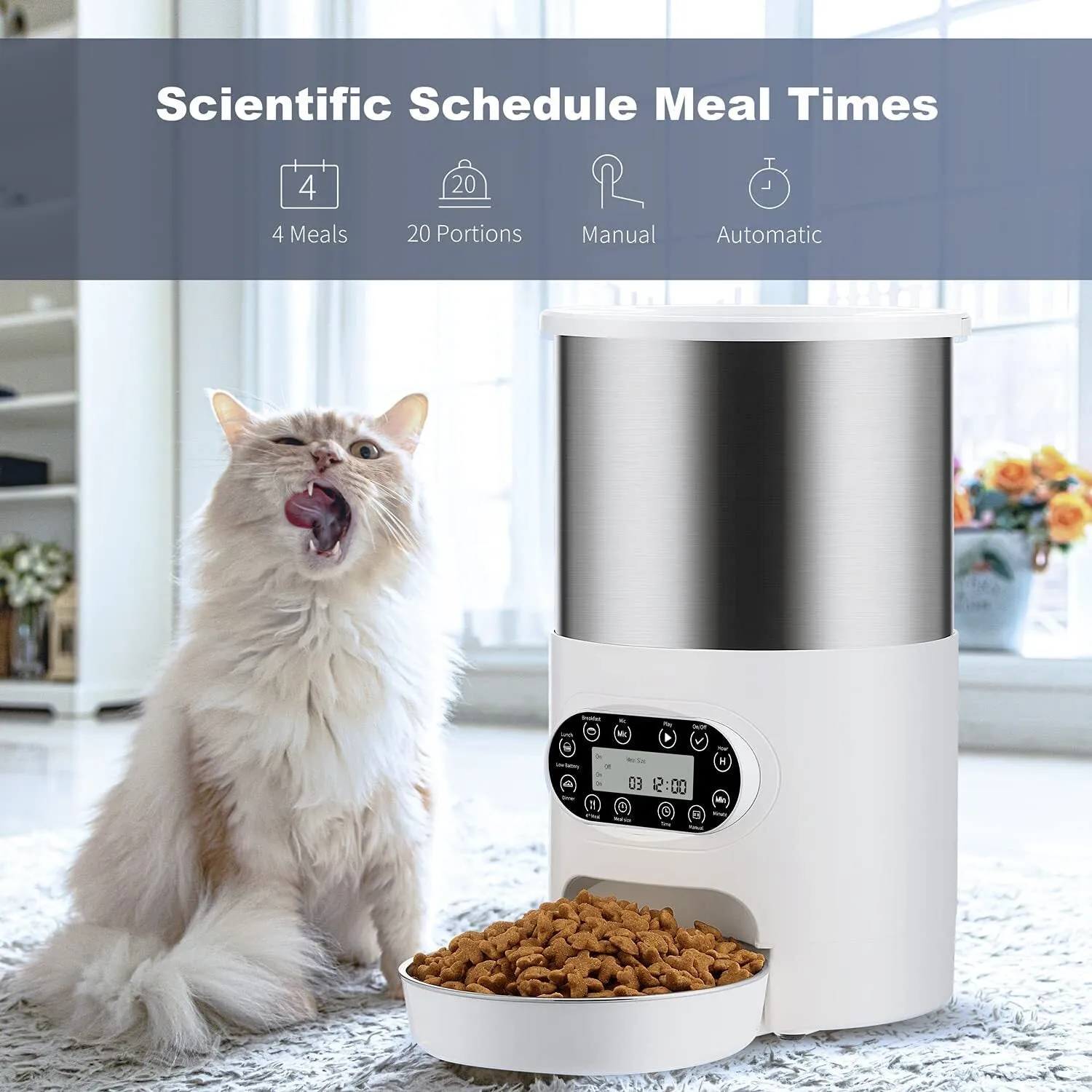 Auto Pet Feeder 3L, 4 Meals, Stainless Steel, Voice Record - YES4PETS