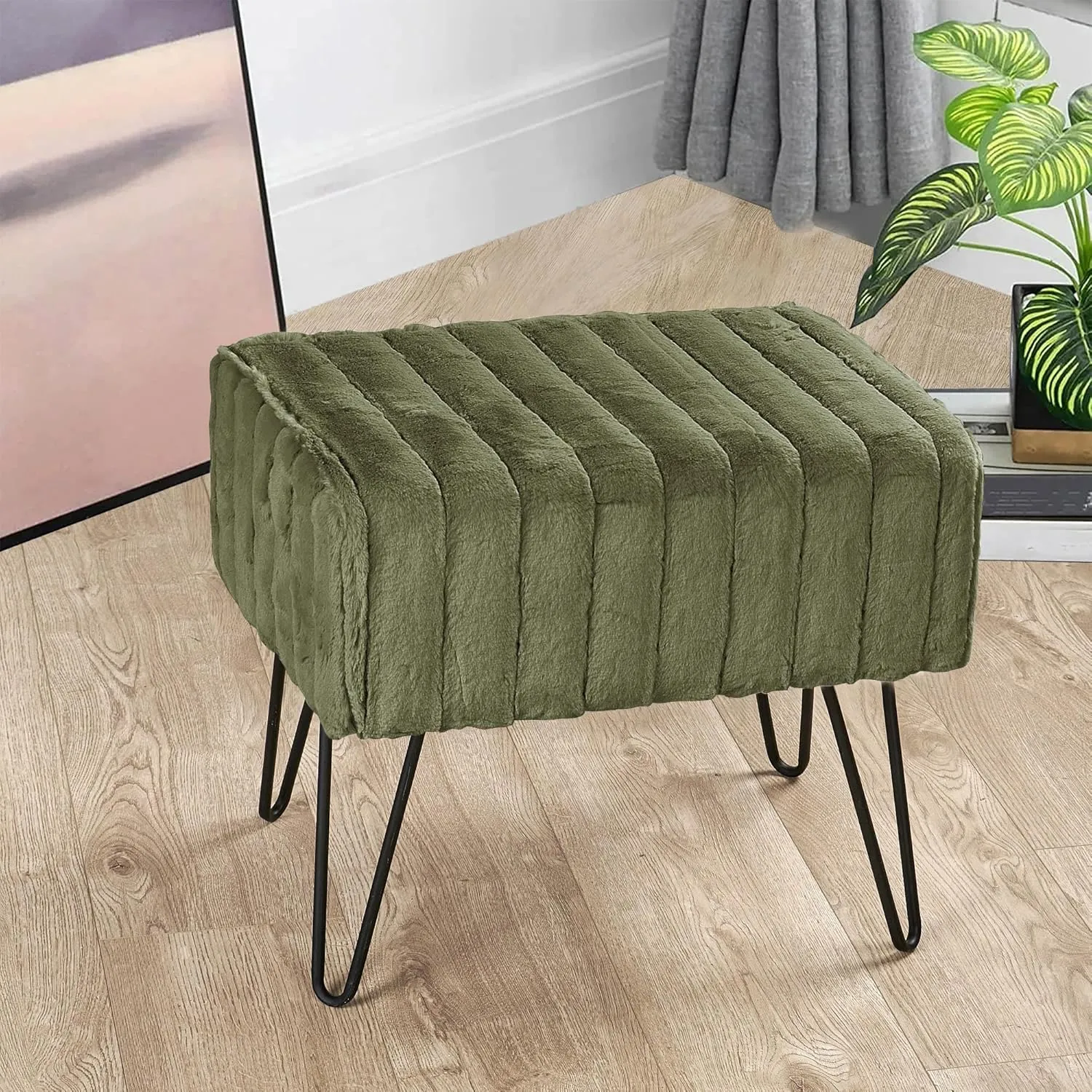 Avocado Green Velvet Tufted Ottoman Entryway Bench 19.5"x12.5"x17"H Comfy Furry Makeup Stools with Metal Leg Foot Rest Foot Stool Bedroom End of Bed Living Room Couch Vanity Home Dcor
