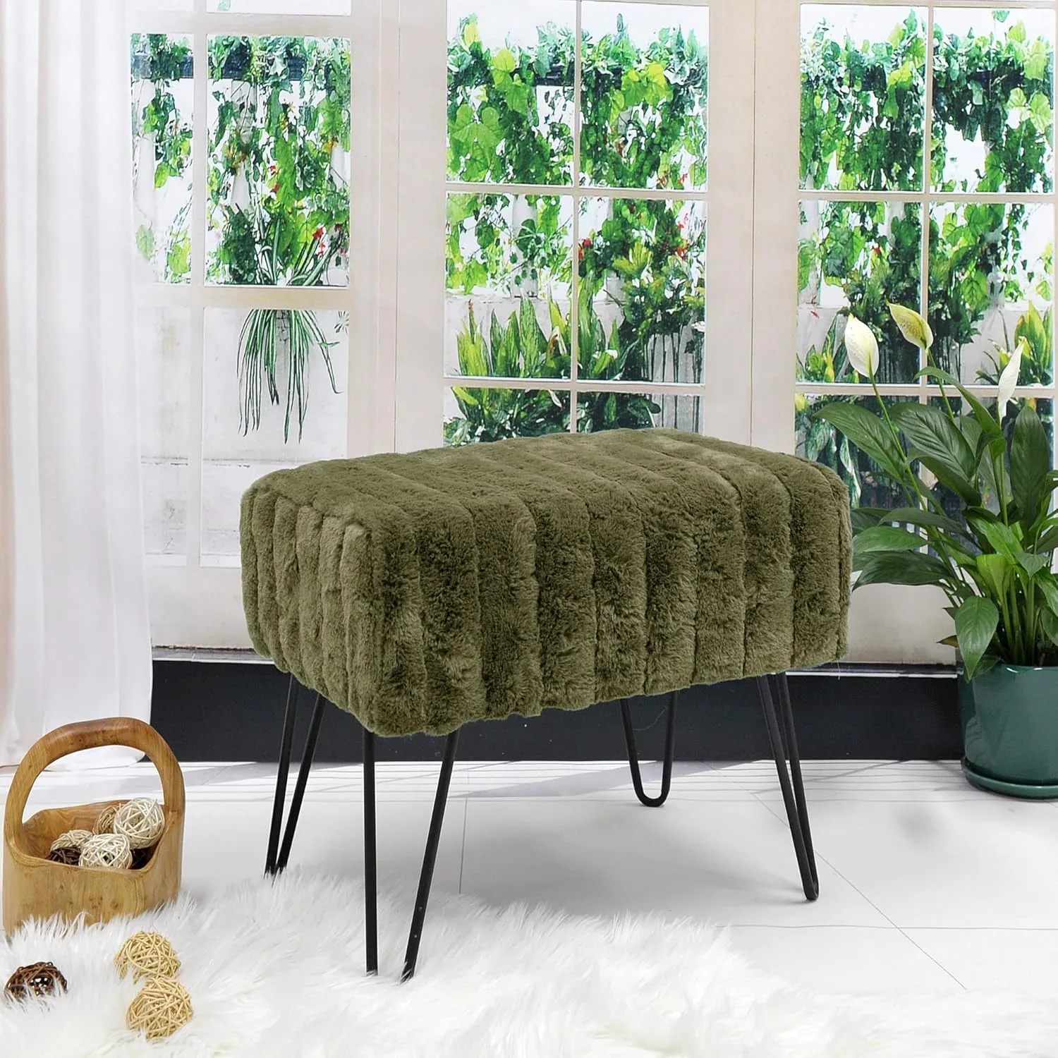 Avocado Green Velvet Tufted Ottoman Entryway Bench 19.5"x12.5"x17"H Comfy Furry Makeup Stools with Metal Leg Foot Rest Foot Stool Bedroom End of Bed Living Room Couch Vanity Home Dcor