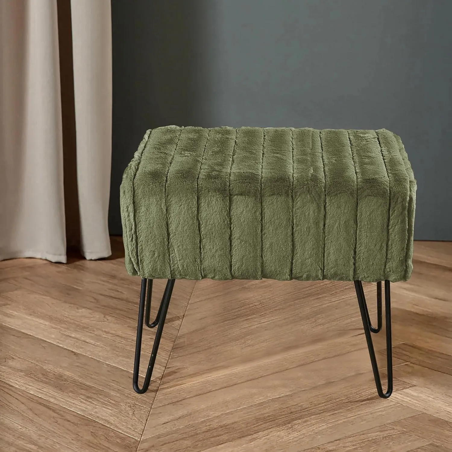 Avocado Green Velvet Tufted Ottoman Entryway Bench 19.5"x12.5"x17"H Comfy Furry Makeup Stools with Metal Leg Foot Rest Foot Stool Bedroom End of Bed Living Room Couch Vanity Home Dcor