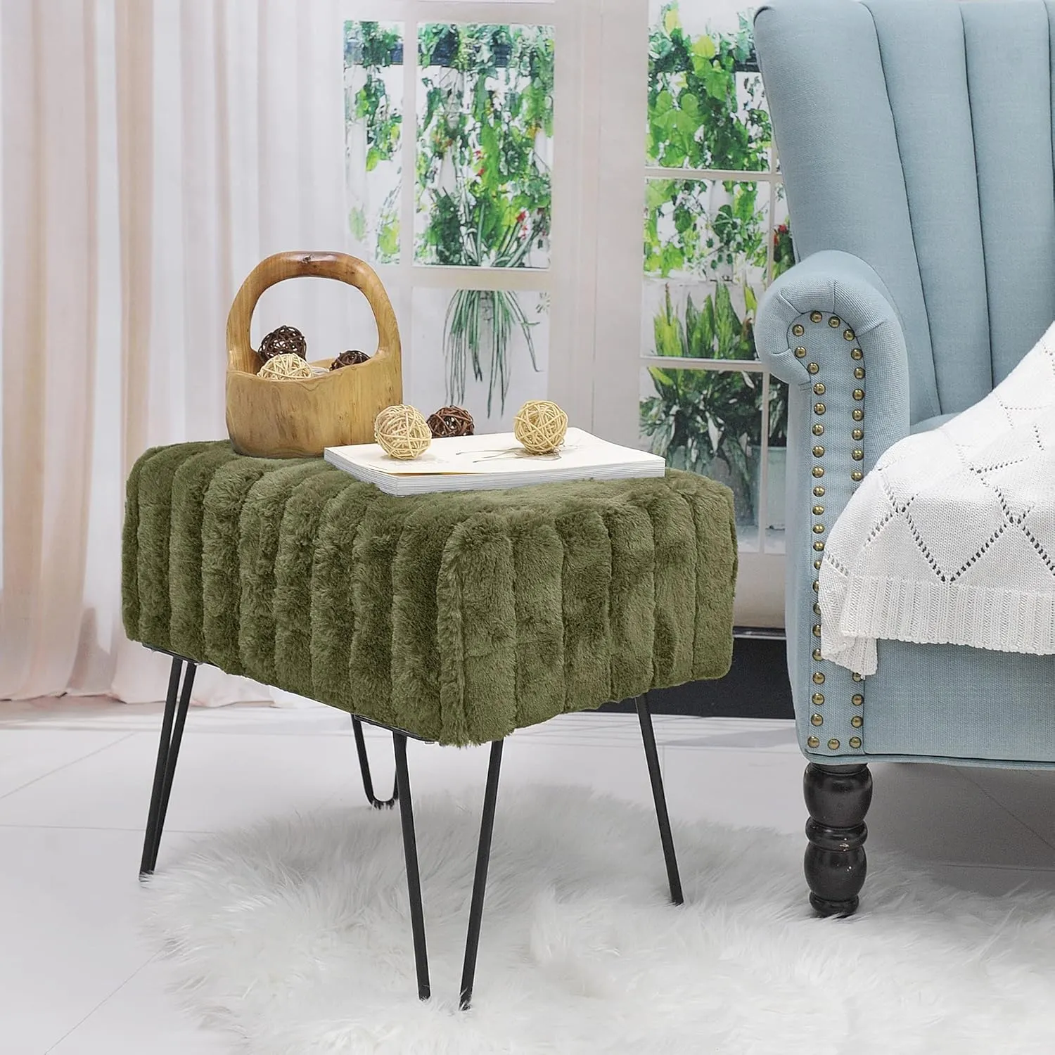 Avocado Green Velvet Tufted Ottoman Entryway Bench 19.5"x12.5"x17"H Comfy Furry Makeup Stools with Metal Leg Foot Rest Foot Stool Bedroom End of Bed Living Room Couch Vanity Home Dcor