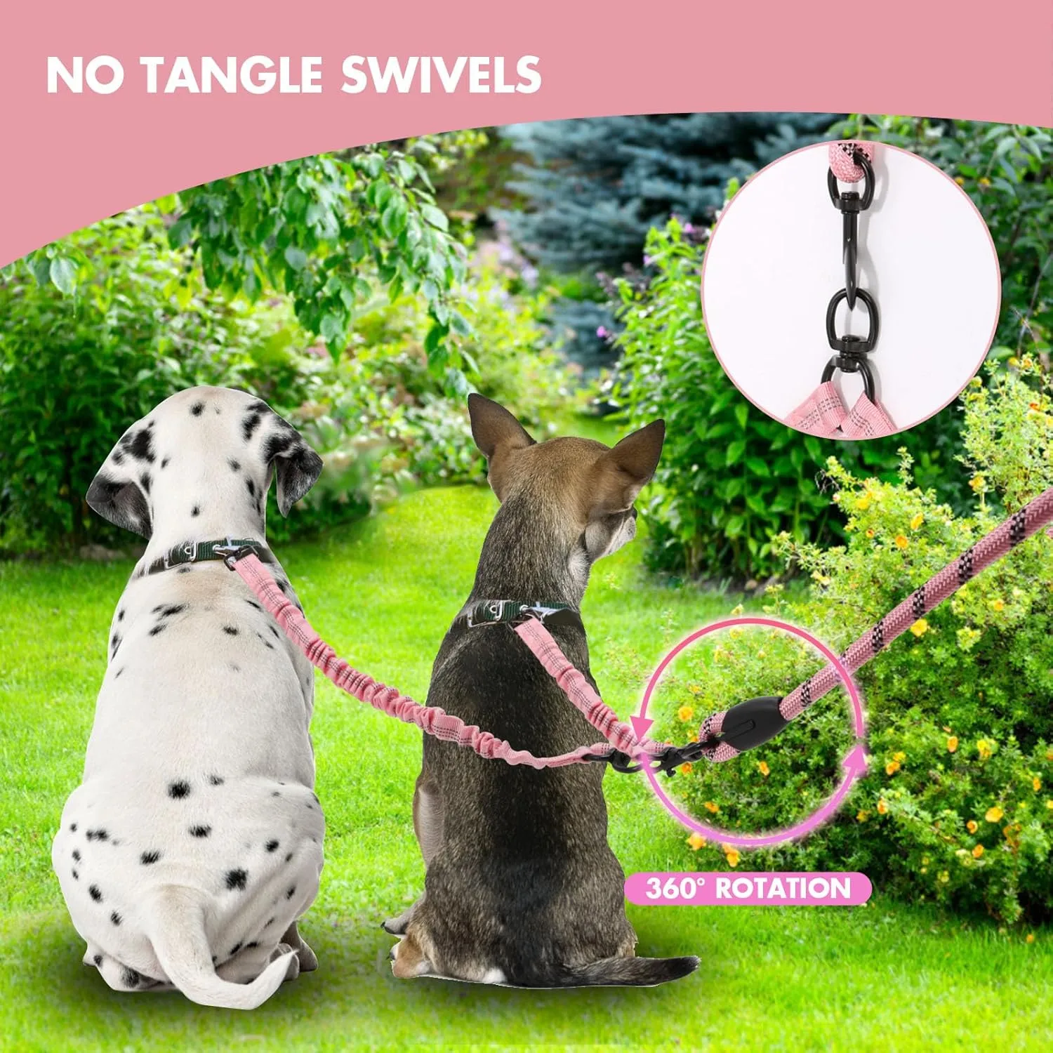 BAOBOTE Dual Dog Leash with Shock Absorbing Bungee Reflective for Two Dogs 360 Swivel No Tangle (Pink)