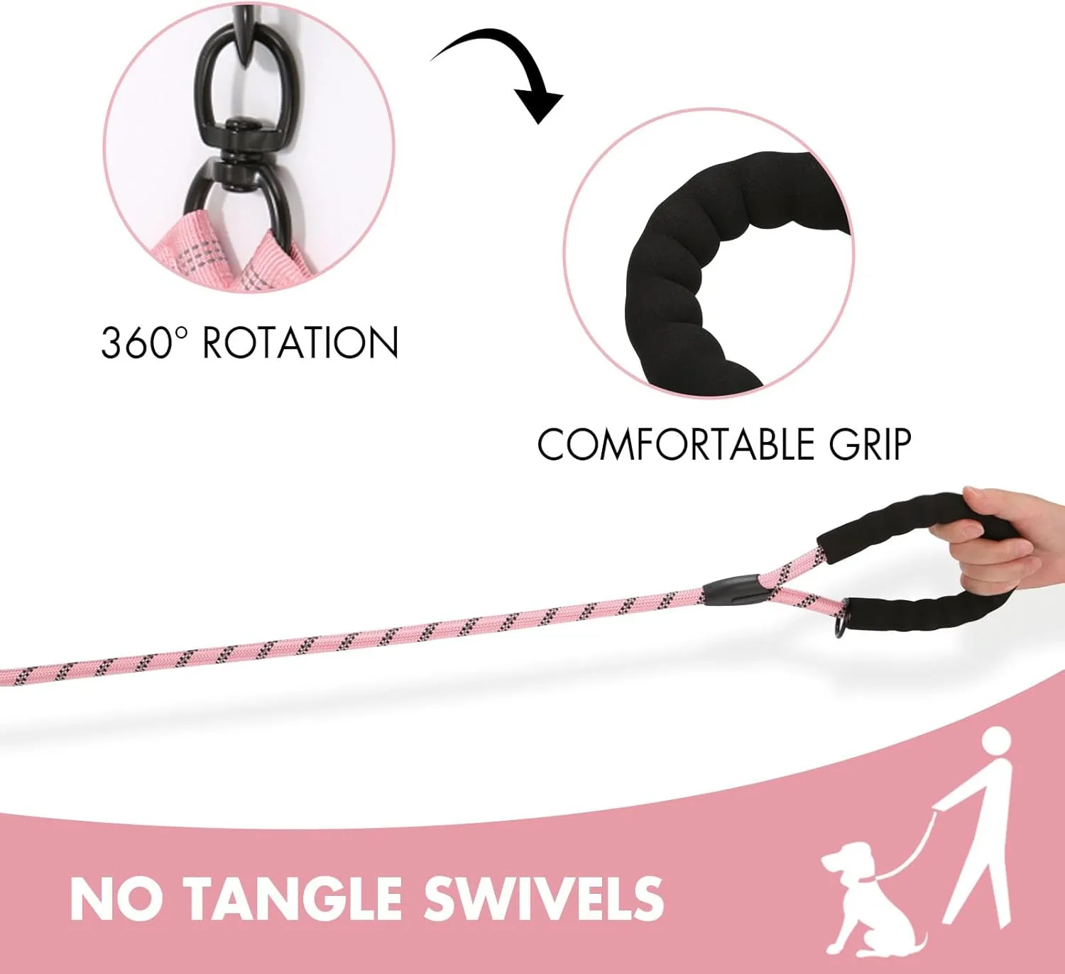 BAOBOTE Dual Dog Leash with Shock Absorbing Bungee Reflective for Two Dogs 360 Swivel No Tangle (Pink)