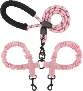 BAOBOTE Dual Dog Leash with Shock Absorbing Bungee Reflective for Two Dogs 360 Swivel No Tangle (Pink)
