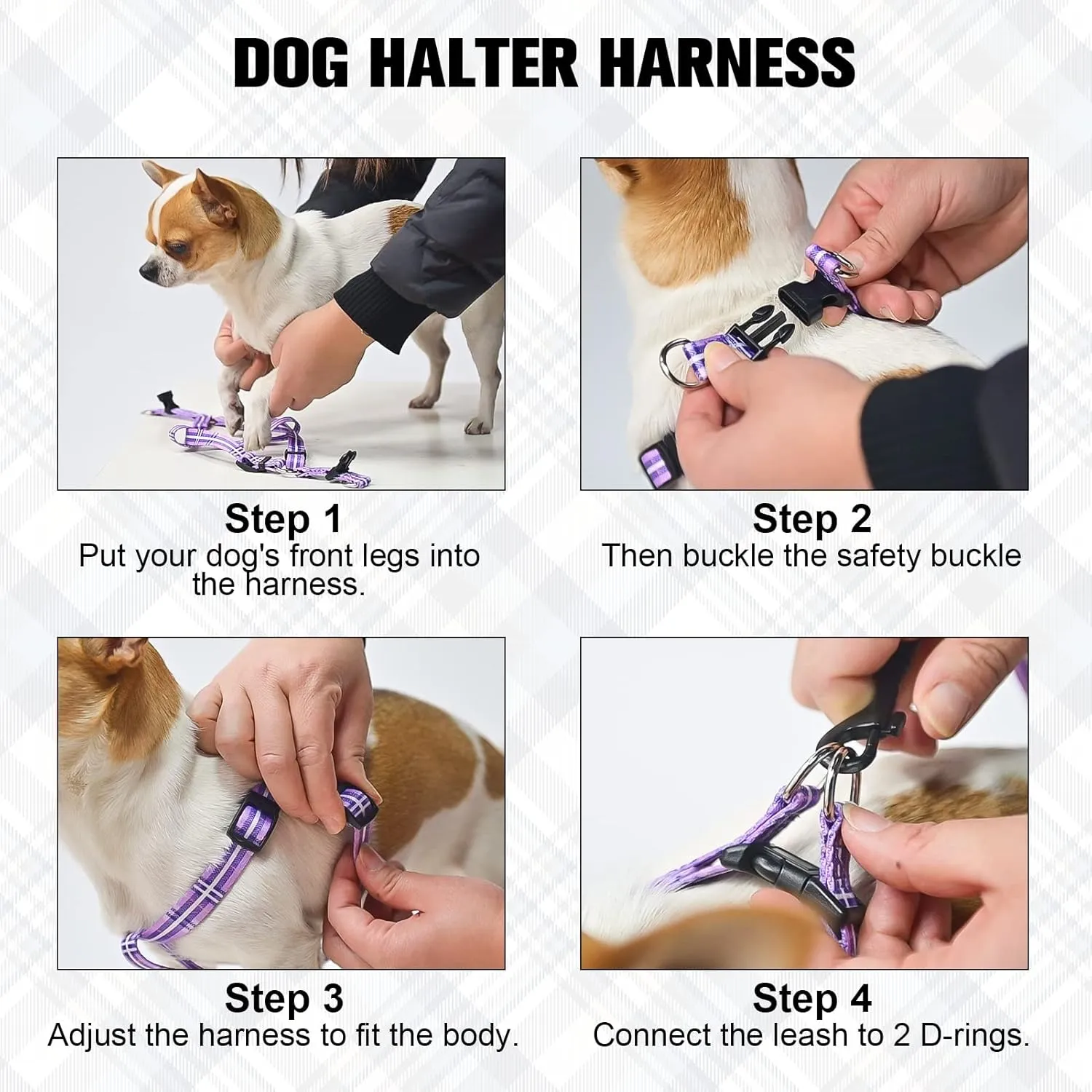 BEAUTYZOO No Pull Dog Harness and Leash Set - Adjustable Step-in Puppy Harness for Medium Large Dogs, Escape Proof Soft Nylon Vest with Double D Ring for Walking Running Training, Pink Plaid L