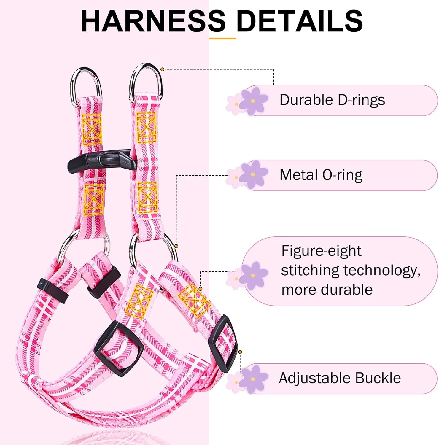 BEAUTYZOO No Pull Dog Harness and Leash Set - Adjustable Step-in Puppy Harness for Medium Large Dogs, Escape Proof Soft Nylon Vest with Double D Ring for Walking Running Training, Pink Plaid L