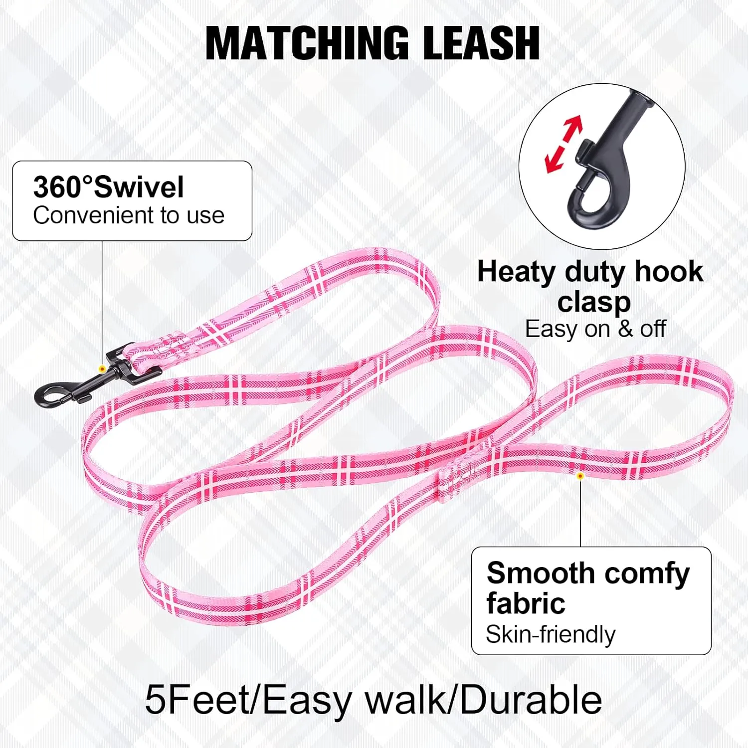 BEAUTYZOO No Pull Dog Harness and Leash Set - Adjustable Step-in Puppy Harness for Medium Large Dogs, Escape Proof Soft Nylon Vest with Double D Ring for Walking Running Training, Pink Plaid L