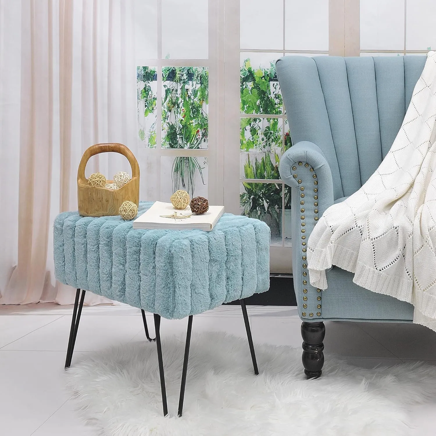 Blue Mink Faux Fur Ottoman Entryway Bench, 19.5"x12.5"x17"H Comfy Furry Makeup Stools with Metal Legs Foot Rest Sturdy Foot Stool Bedroom End of Bed Living Room Couch Vanity Home Dcor