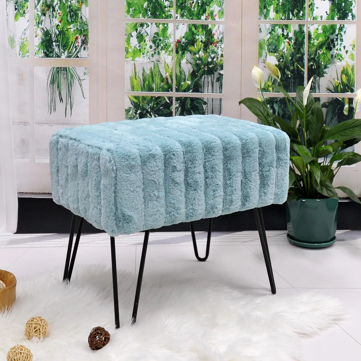 Blue Mink Faux Fur Ottoman Entryway Bench, 19.5"x12.5"x17"H Comfy Furry Makeup Stools with Metal Legs Foot Rest Sturdy Foot Stool Bedroom End of Bed Living Room Couch Vanity Home Dcor