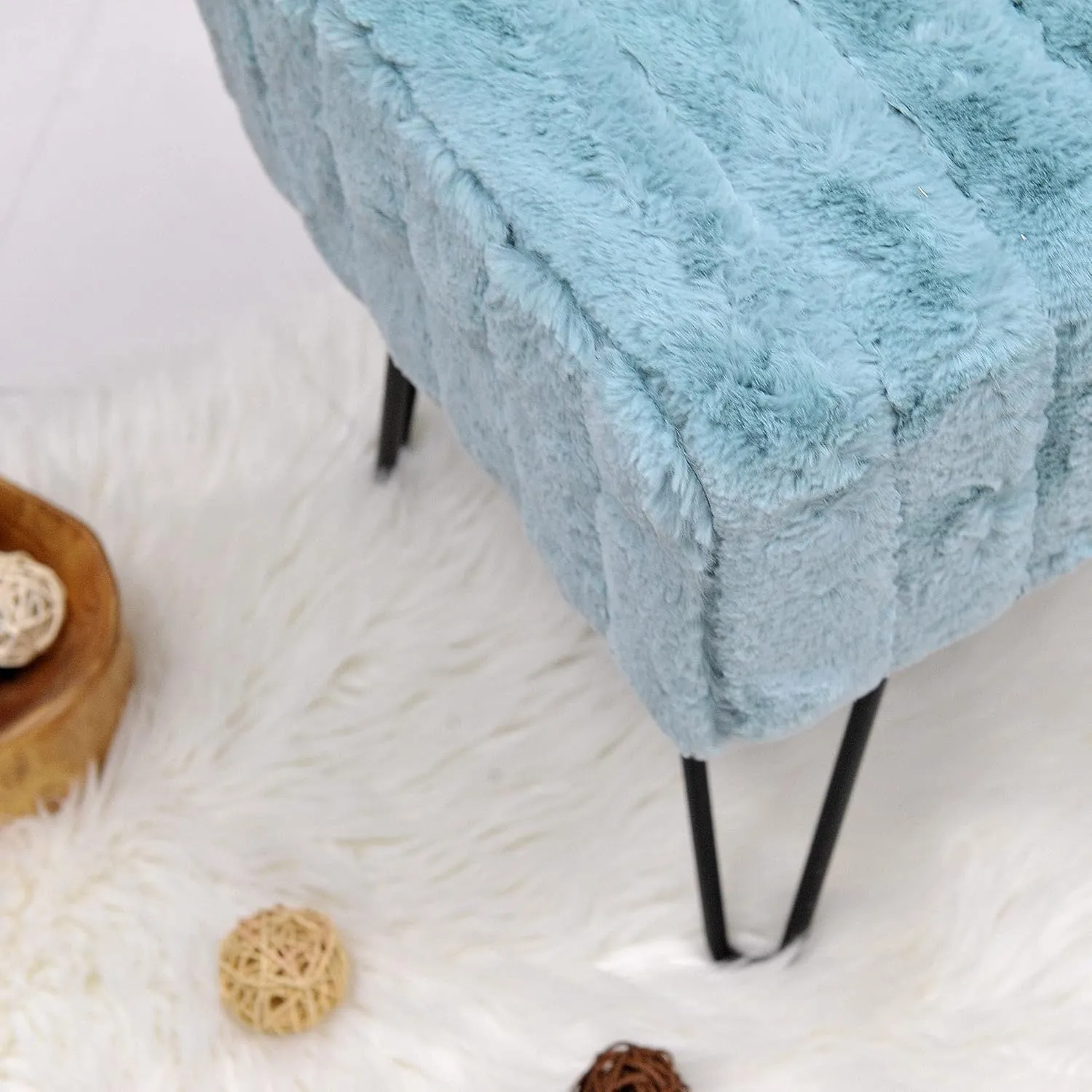 Blue Mink Faux Fur Ottoman Entryway Bench, 19.5"x12.5"x17"H Comfy Furry Makeup Stools with Metal Legs Foot Rest Sturdy Foot Stool Bedroom End of Bed Living Room Couch Vanity Home Dcor