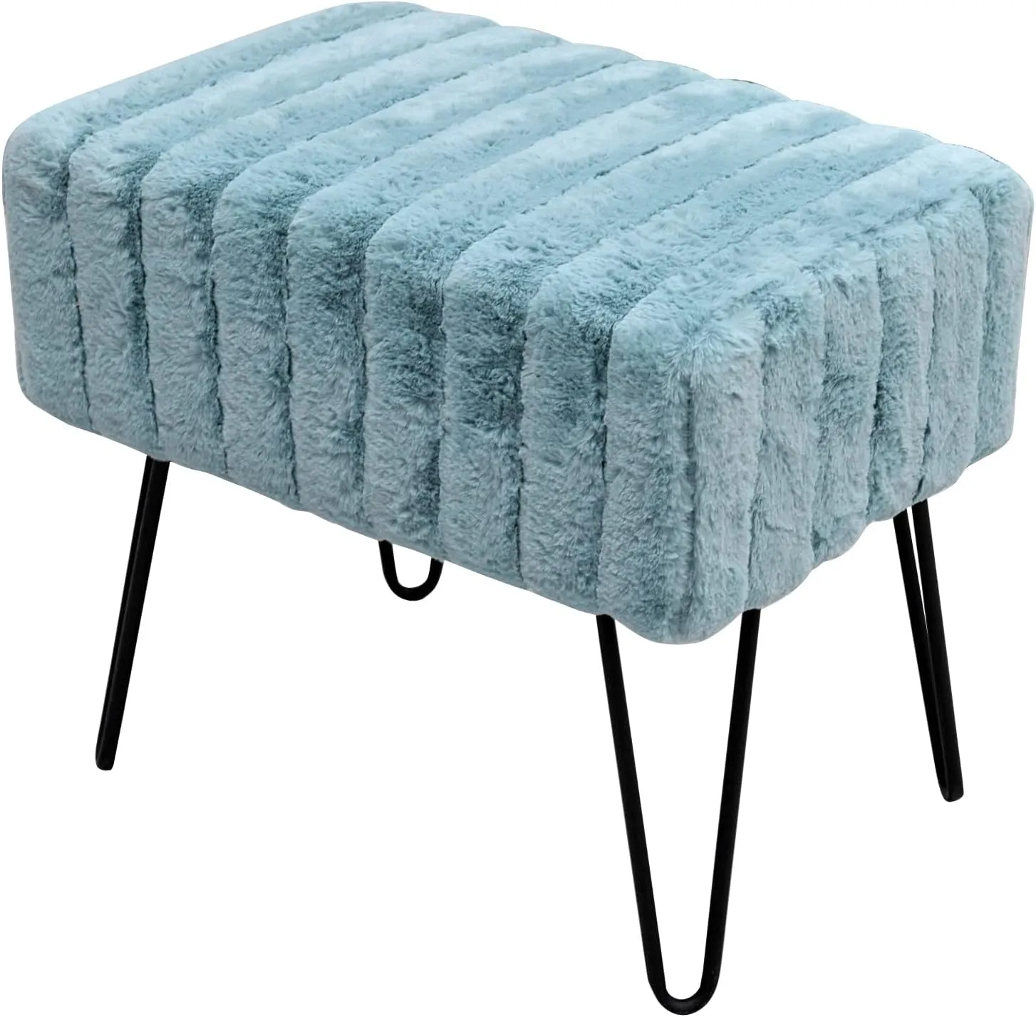 Blue Mink Faux Fur Ottoman Entryway Bench, 19.5"x12.5"x17"H Comfy Furry Makeup Stools with Metal Legs Foot Rest Sturdy Foot Stool Bedroom End of Bed Living Room Couch Vanity Home Dcor