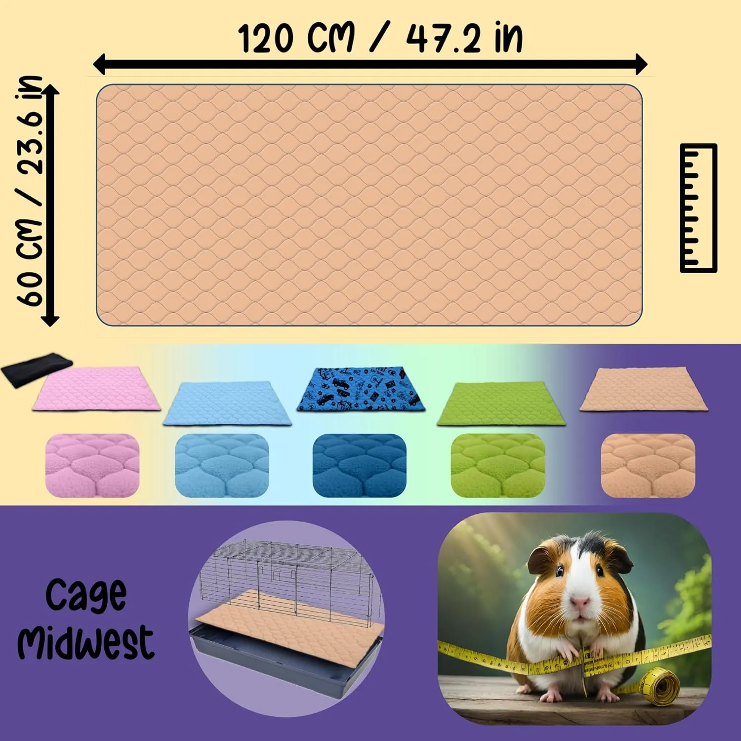 Cage Liner for Guinea Pig and Rabbit - 47.2 x 23.6 Inches (Midwest) with a Removal Fleece Tunnel Blanket - Perfect Bedding for Indoor Cages and C&C - Absorbent Waterproof - Peach