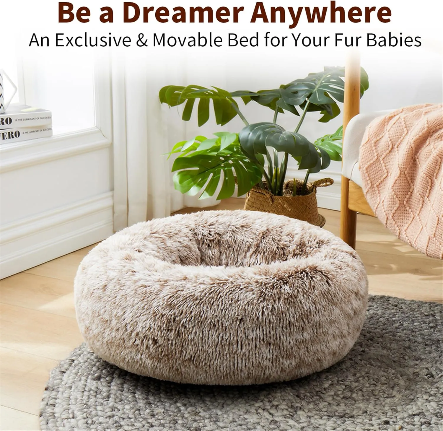 Calming Cat Bed for Indoor Cats, Donut Washable Small Dog Bed, Anti-Slip Round Fluffy Plush Faux Fur Pet Bed for Small Cats and Dogs (Coffee White, 19.7'')