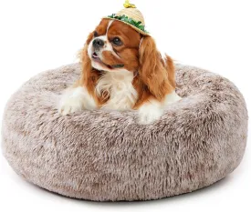Calming Cat Bed for Indoor Cats, Donut Washable Small Dog Bed, Anti-Slip Round Fluffy Plush Faux Fur Pet Bed for Small Cats and Dogs (Coffee White, 19.7'')
