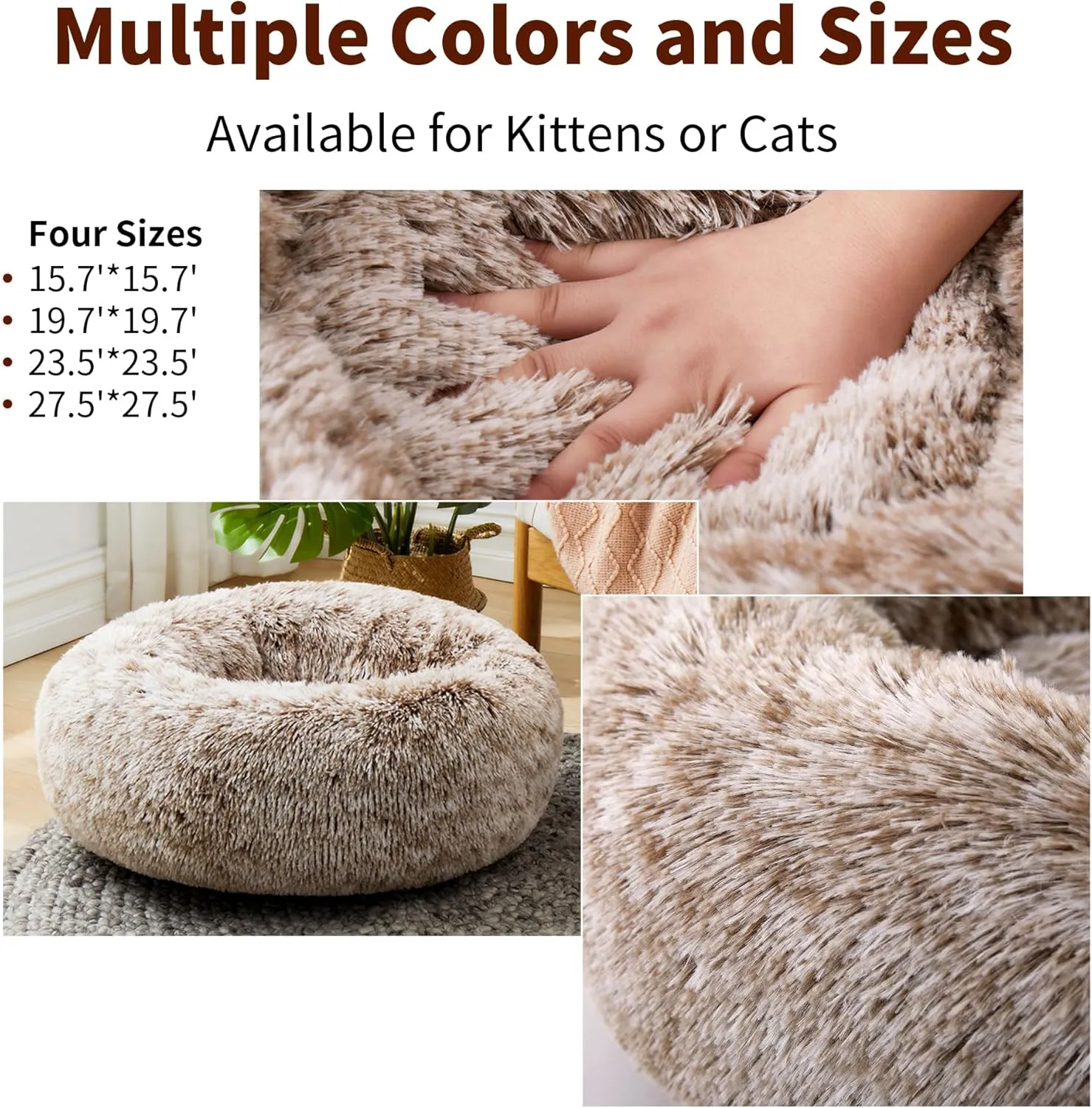 Calming Cat Bed for Indoor Cats, Donut Washable Small Dog Bed, Anti-Slip Round Fluffy Plush Faux Fur Pet Bed for Small Cats and Dogs (Coffee White, 19.7'')