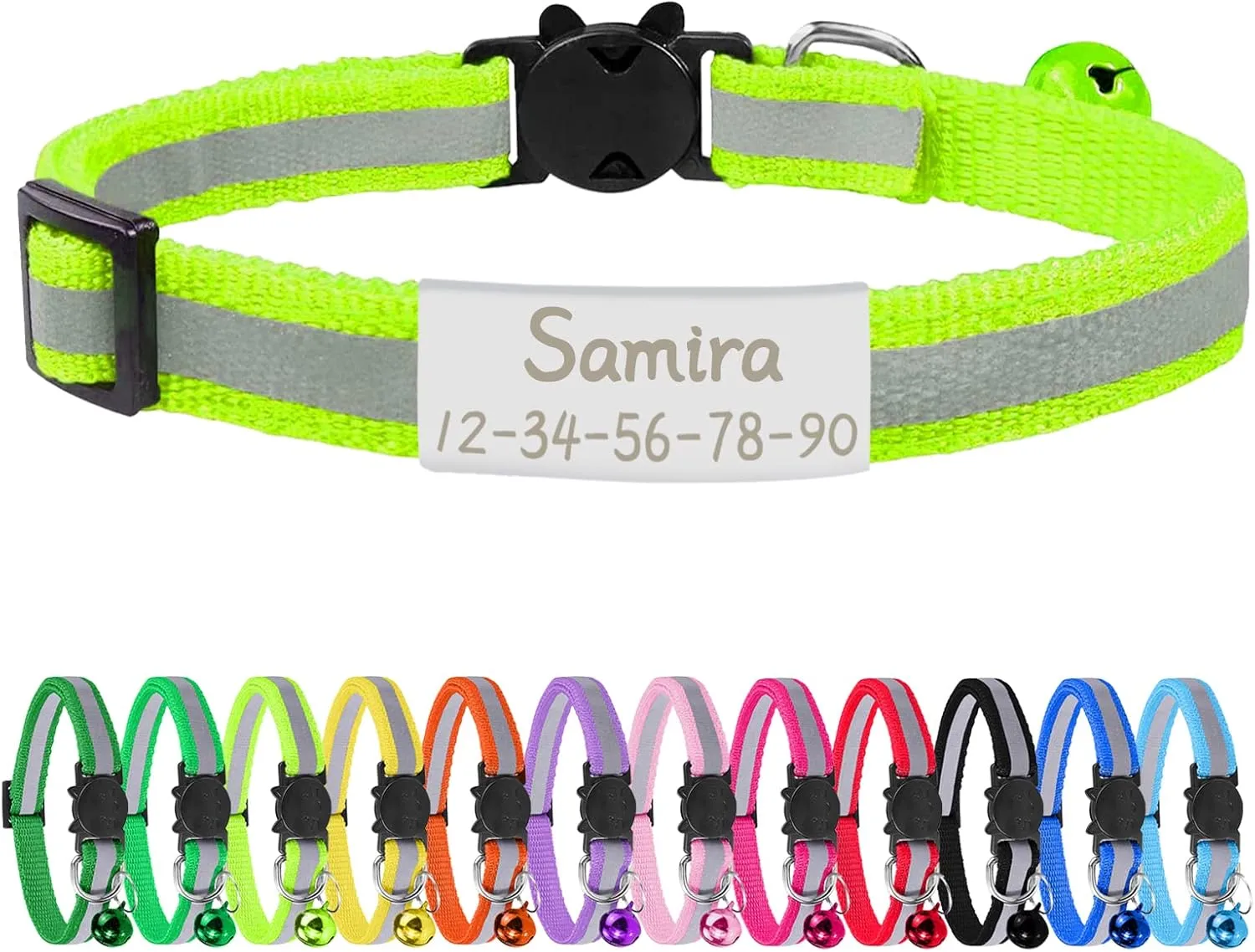 CAMAL Reflective Cat Collar Personalized with Pet ID Tag, Safety Breakaway Cat Collar with Name Tag, Fluorescent Green Kitten Collar with Bell for Boy Girl Cats Puppies