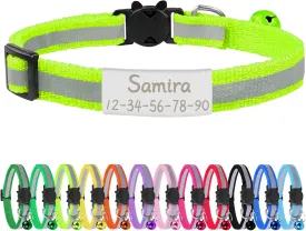 CAMAL Reflective Cat Collar Personalized with Pet ID Tag, Safety Breakaway Cat Collar with Name Tag, Fluorescent Green Kitten Collar with Bell for Boy Girl Cats Puppies