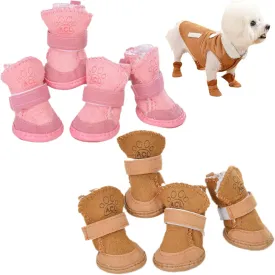 Chewie Cozy Winter Shoes Dog Fleece Velvet Snow Boot Set Fashion Waterproof Non Slip for Small Dogs (Pink Brown, S)
