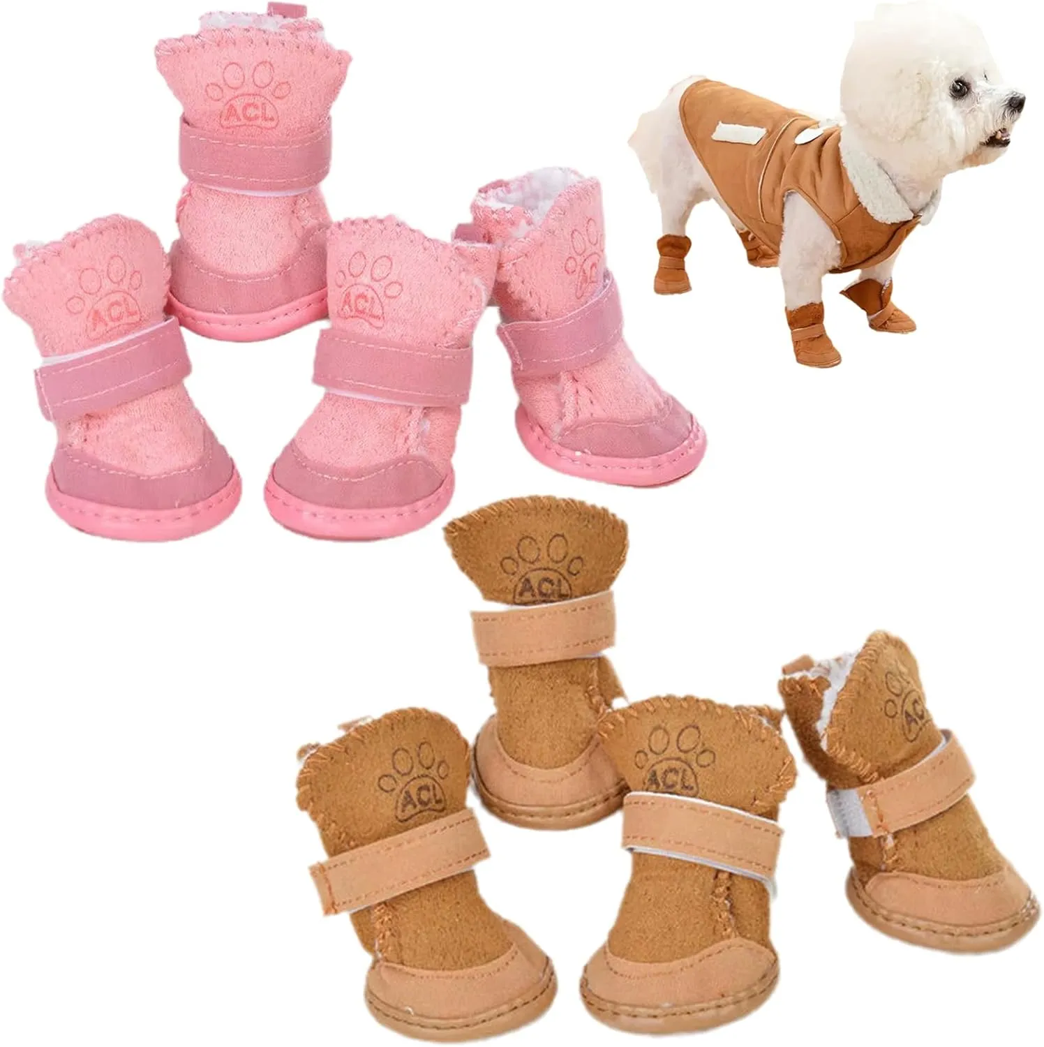 Chewie Cozy Winter Shoes Dog Fleece Velvet Snow Boot Set Fashion Waterproof Non Slip for Small Dogs (Pink Brown, S)