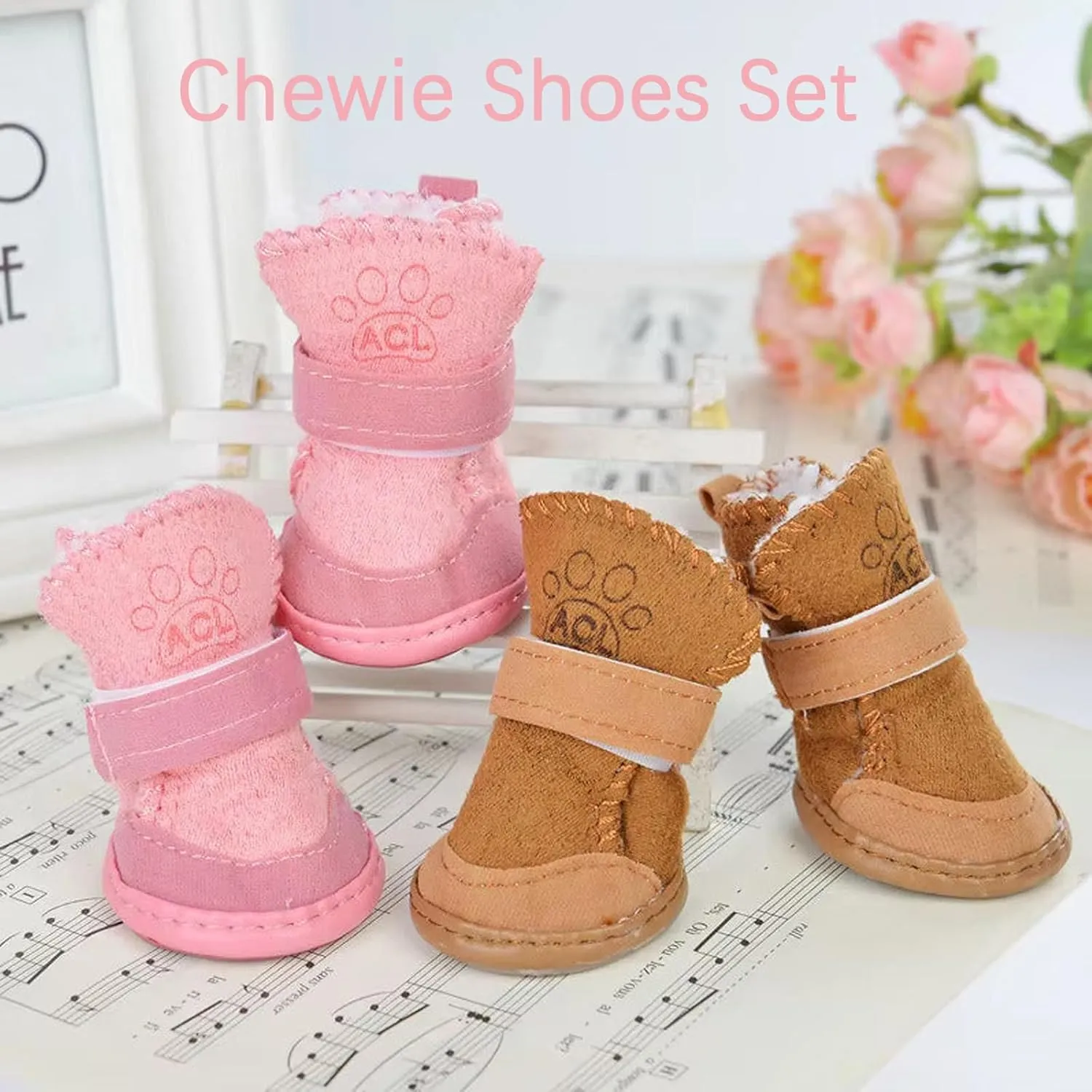 Chewie Cozy Winter Shoes Dog Fleece Velvet Snow Boot Set Fashion Waterproof Non Slip for Small Dogs (Pink Brown, S)