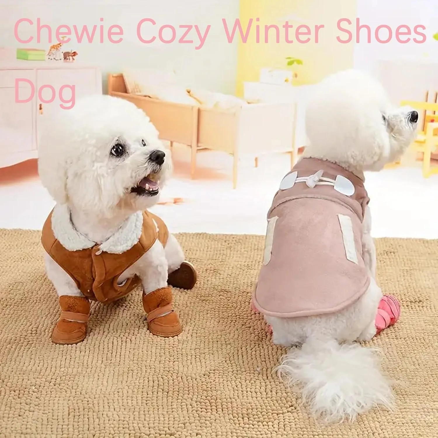 Chewie Cozy Winter Shoes Dog Fleece Velvet Snow Boot Set Fashion Waterproof Non Slip for Small Dogs (Pink Brown, S)