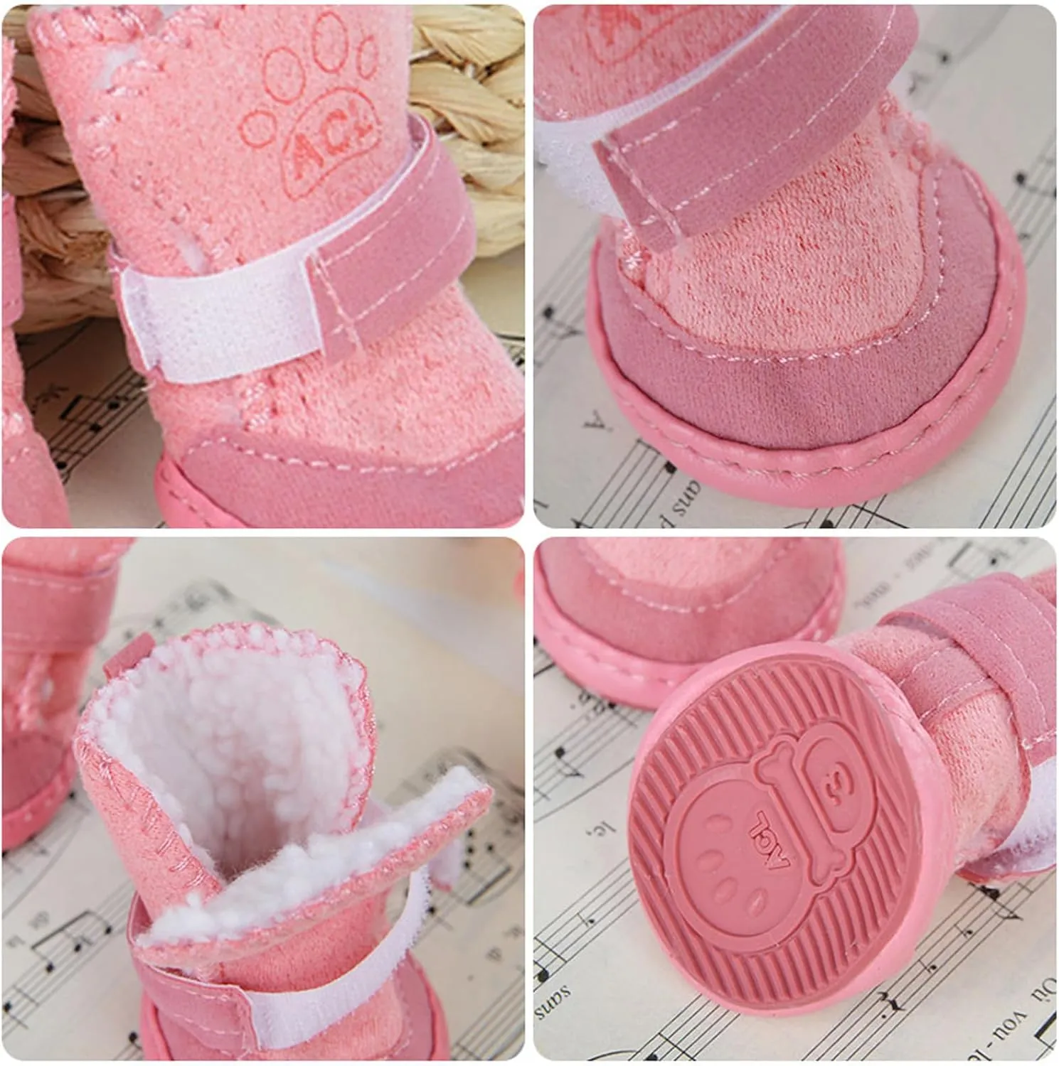 Chewie Cozy Winter Shoes Dog Fleece Velvet Snow Boot Set Fashion Waterproof Non Slip for Small Dogs (Pink Brown, S)