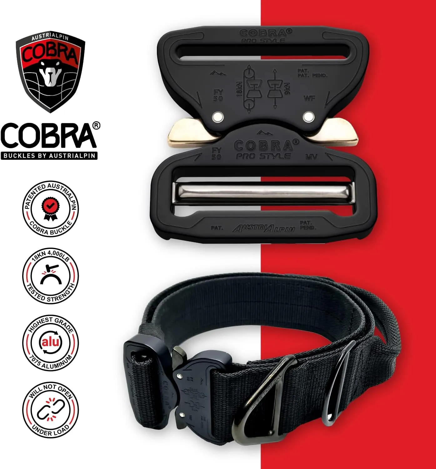 Cobra Buckle Dog Collar Heavy Duty for Large Dogs K9 and Military Made in USA (Large with Handle, Black)
