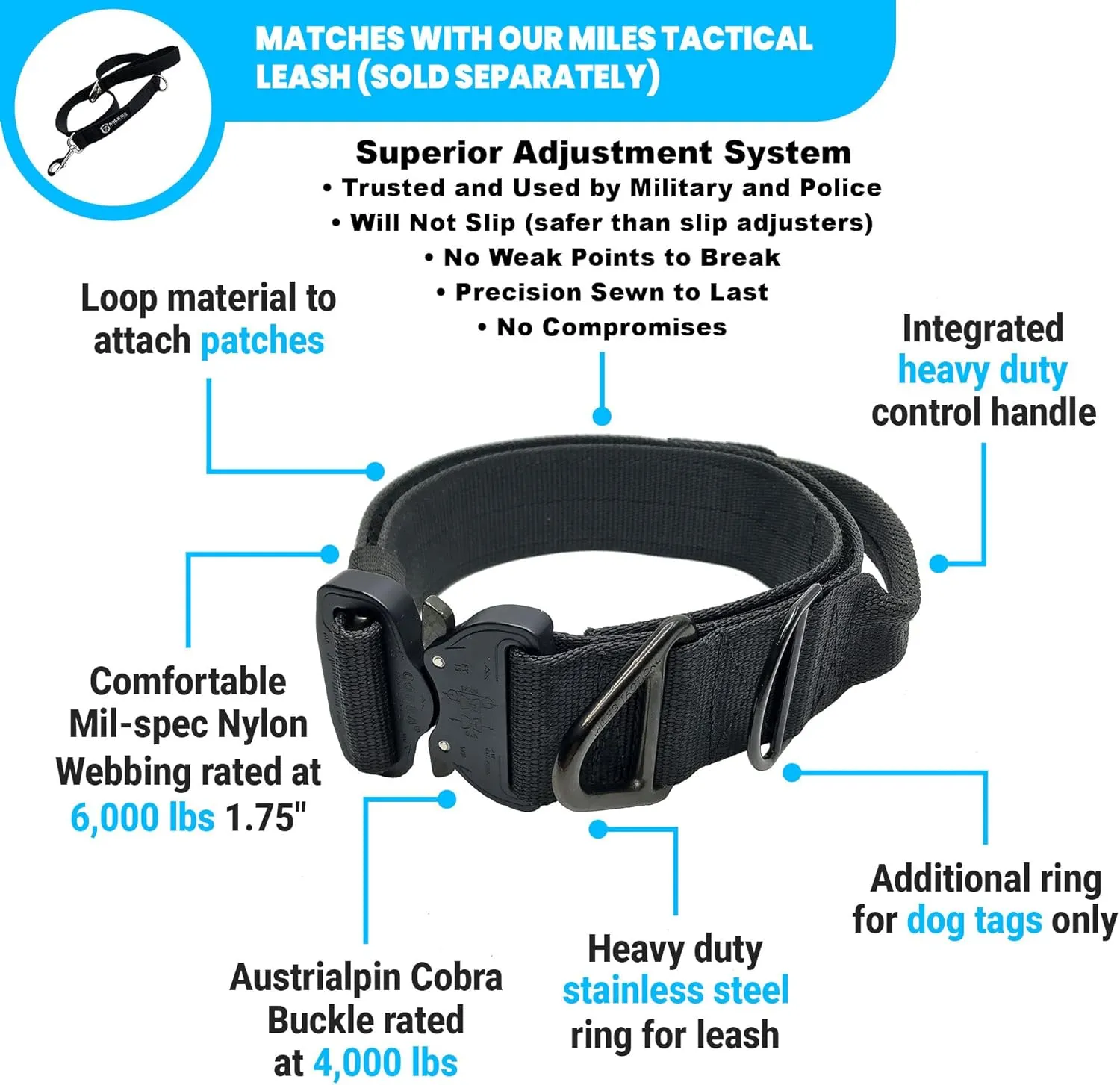 Cobra Buckle Dog Collar Heavy Duty for Large Dogs K9 and Military Made in USA (Large with Handle, Black)