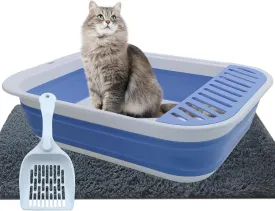 Collapsible Small Cat Litter Box,Open Top Cats Litter Pan with Scoop Foldable Shallow Kitten Potty Toilet Waterproof Cat Travel Litterbox Anti-Splashing Low Entry Semi-Enclosed Easy Clean(Blue)