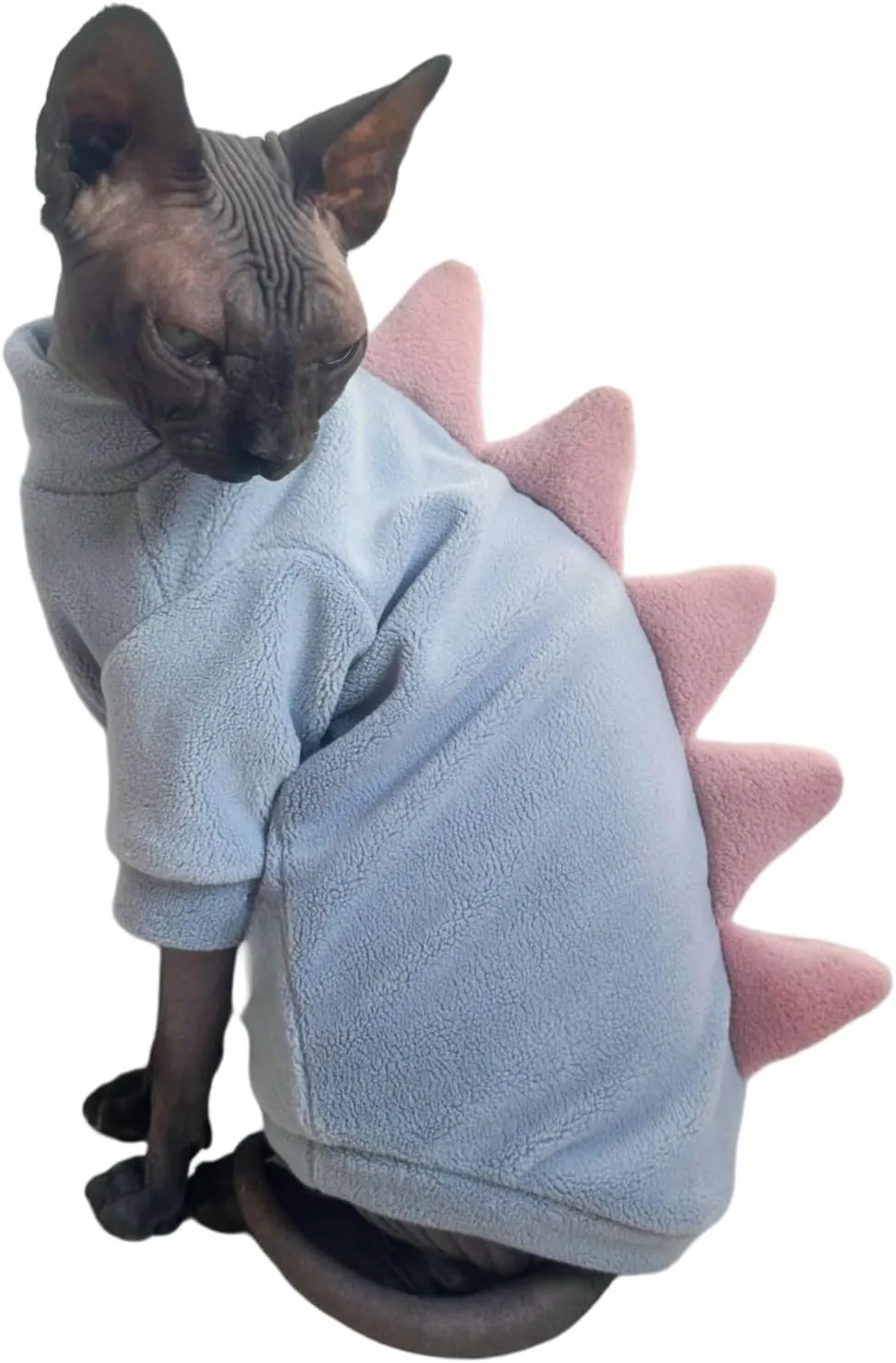 Dinosaur Sphynx Cat Clothes, Soft Polar Fleece Sweater for Cat, Elastic Pet Clothes Thick Winter Warm Outfit for Hairless Cat, Devon, Cornish, Small Dogs Apparel with Sleeves (Sky Blue, Large)