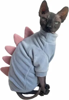 Dinosaur Sphynx Cat Clothes, Soft Polar Fleece Sweater for Cat, Elastic Pet Clothes Thick Winter Warm Outfit for Hairless Cat, Devon, Cornish, Small Dogs Apparel with Sleeves (Sky Blue, Large)