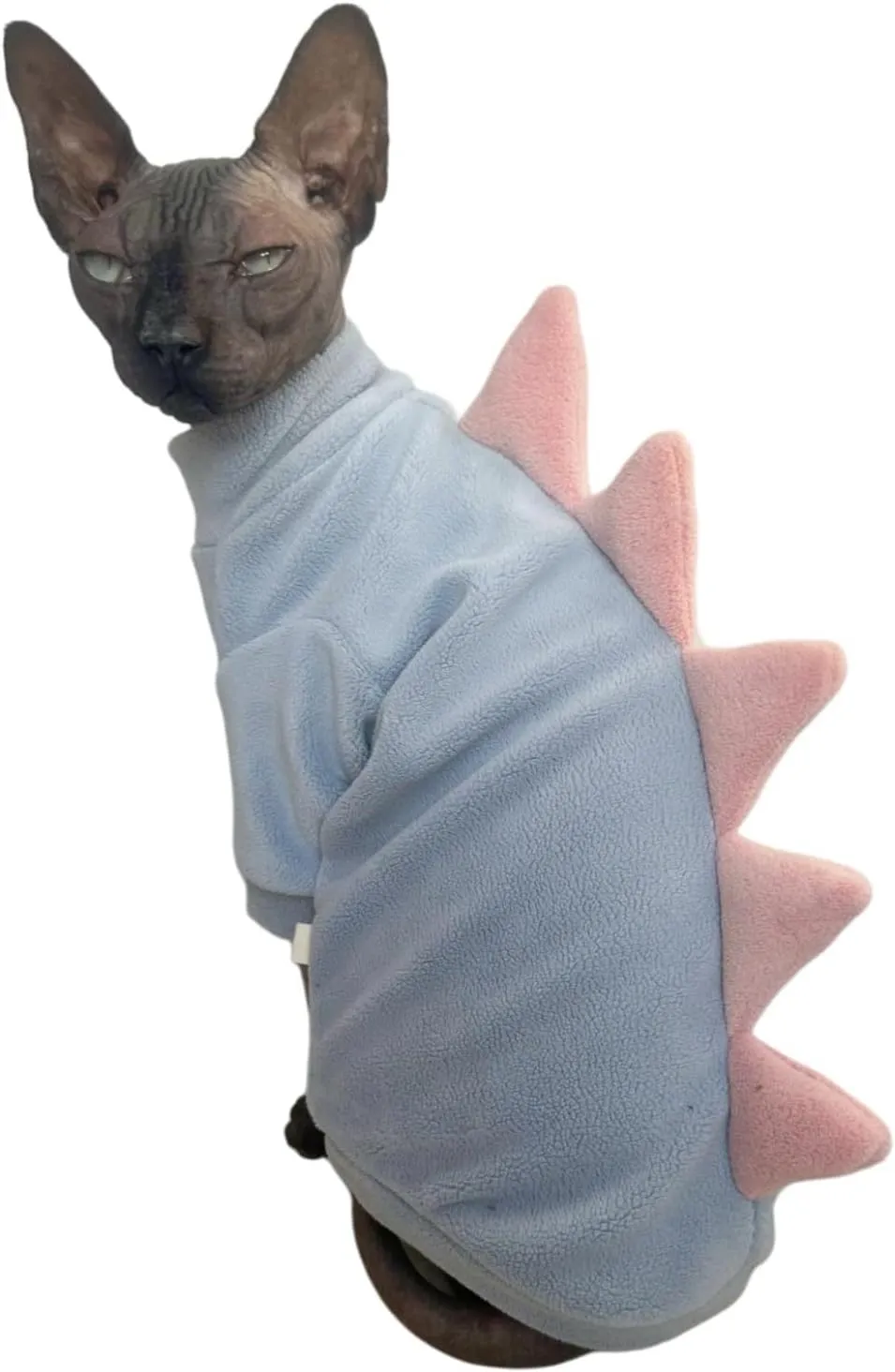 Dinosaur Sphynx Cat Clothes, Soft Polar Fleece Sweater for Cat, Elastic Pet Clothes Thick Winter Warm Outfit for Hairless Cat, Devon, Cornish, Small Dogs Apparel with Sleeves (Sky Blue, Large)