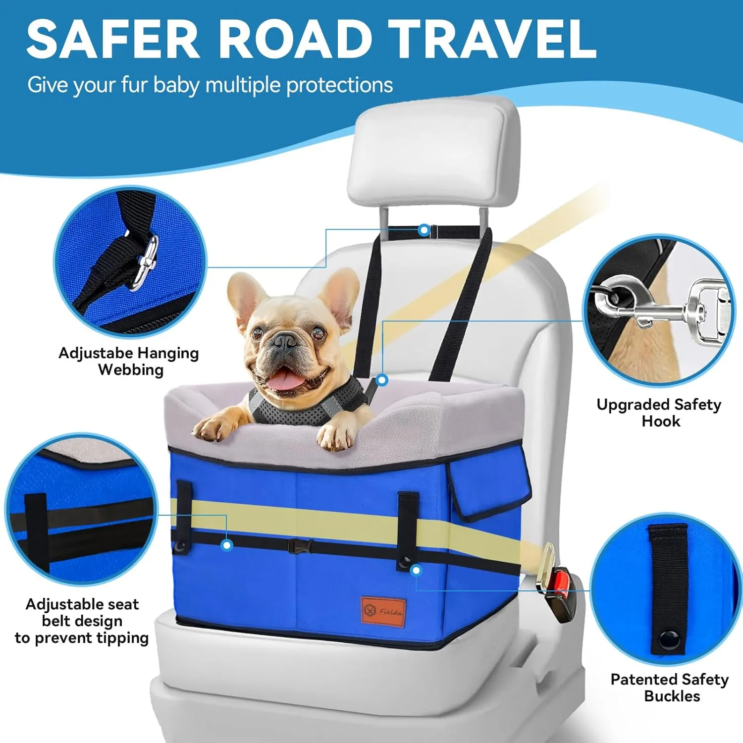 Dog Booster Car Seat for Small Dogs up to 25 lbs, Multi-Protection Elevation with Clip-On Safety Leash, Comfy, Fully Detachable Washable Blue Pet Seat