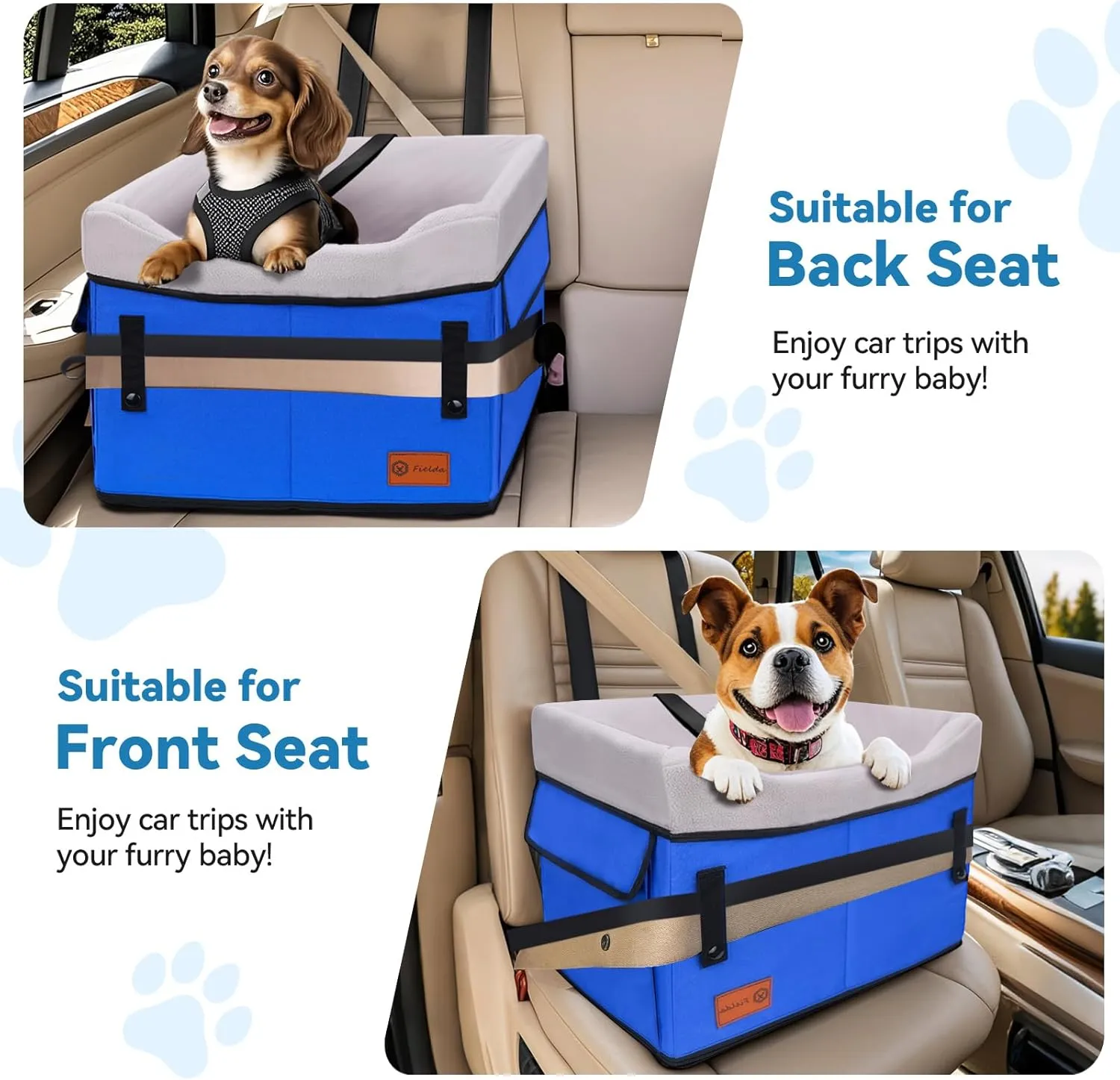 Dog Booster Car Seat for Small Dogs up to 25 lbs, Multi-Protection Elevation with Clip-On Safety Leash, Comfy, Fully Detachable Washable Blue Pet Seat