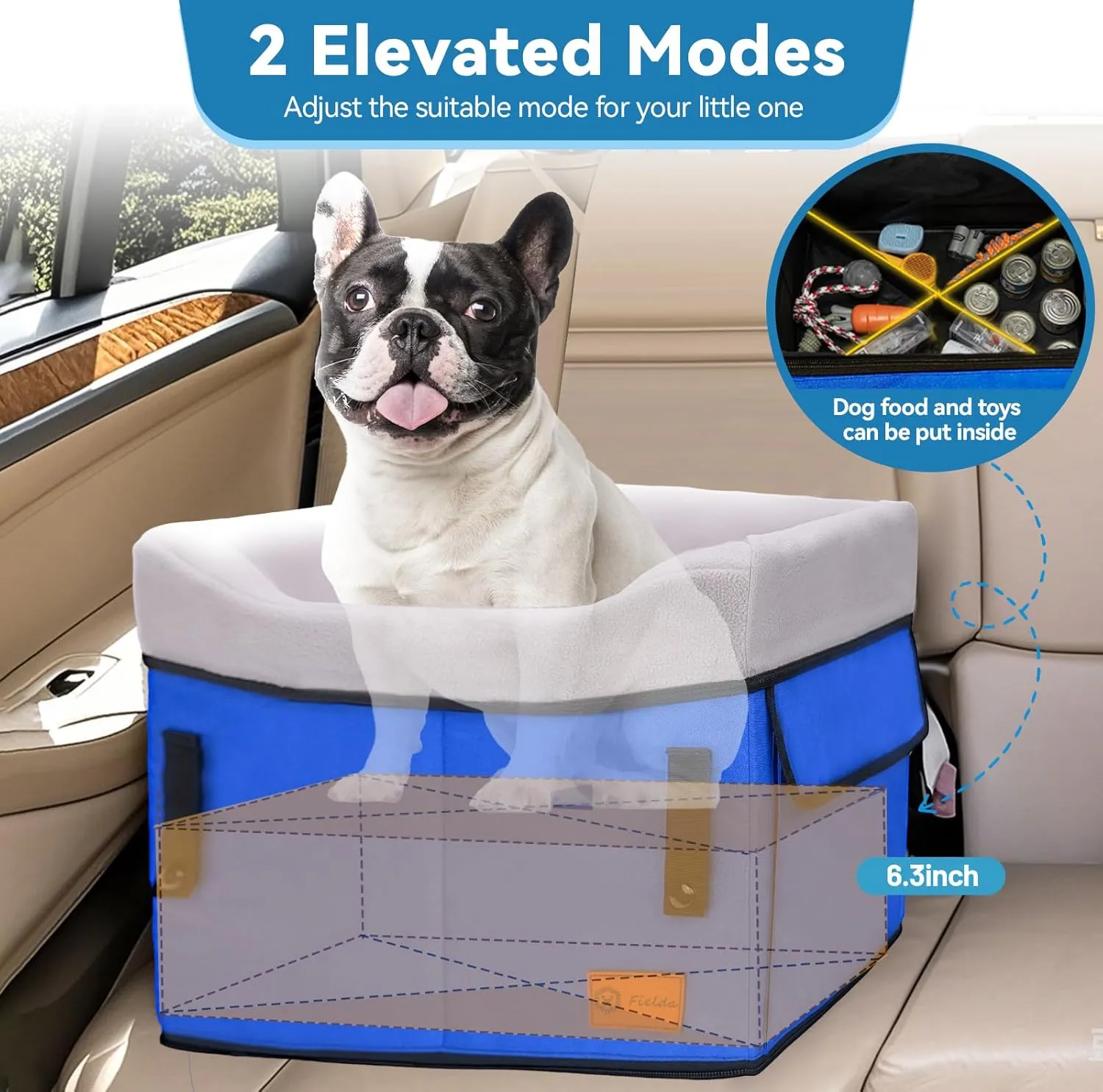 Dog Booster Car Seat for Small Dogs up to 25 lbs, Multi-Protection Elevation with Clip-On Safety Leash, Comfy, Fully Detachable Washable Blue Pet Seat