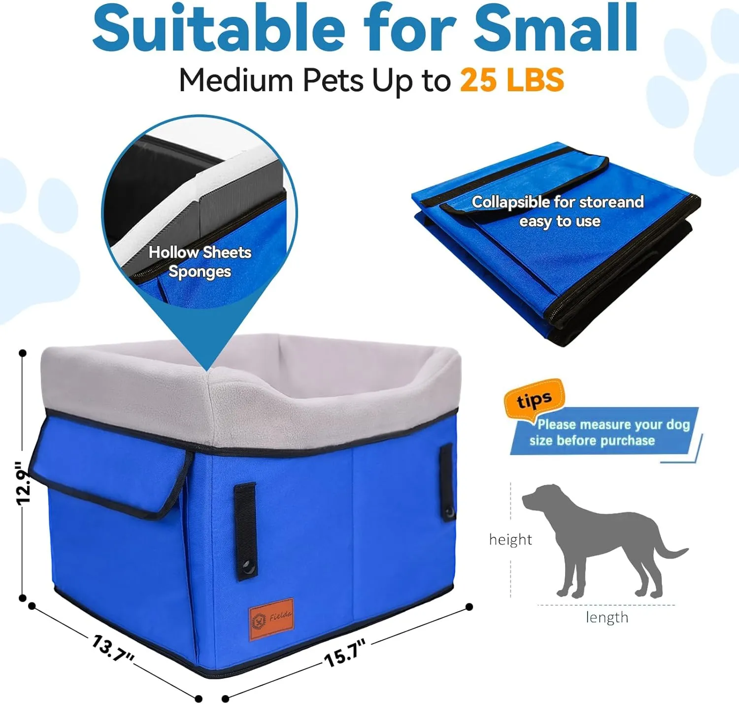 Dog Booster Car Seat for Small Dogs up to 25 lbs, Multi-Protection Elevation with Clip-On Safety Leash, Comfy, Fully Detachable Washable Blue Pet Seat