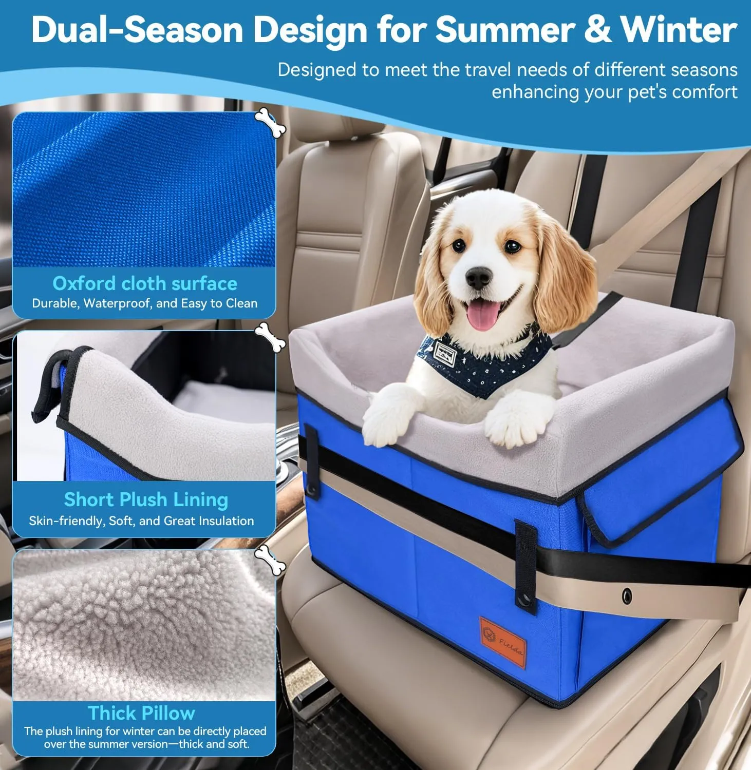 Dog Booster Car Seat for Small Dogs up to 25 lbs, Multi-Protection Elevation with Clip-On Safety Leash, Comfy, Fully Detachable Washable Blue Pet Seat